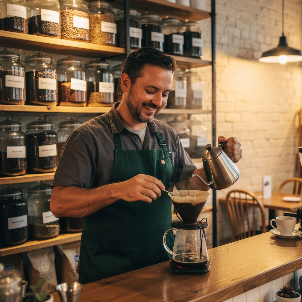 豊かな香りのコーヒー豆が並ぶカフェの店内の写真